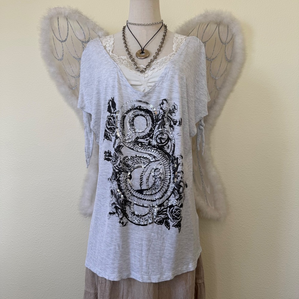 Y2K 2000s Off The Shoulder Gray Snake Roses Graphic V Neck T Shirt Top Sparkly‎